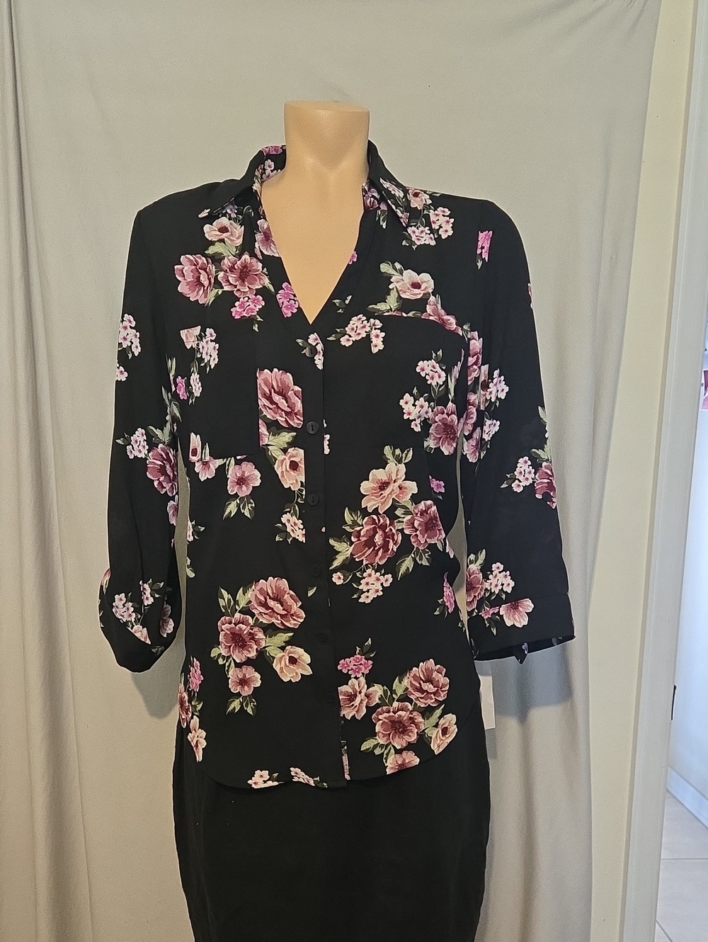 BCX Juniors' Floral-Print Roll-Sleeve Button-Up Blouse, NEW